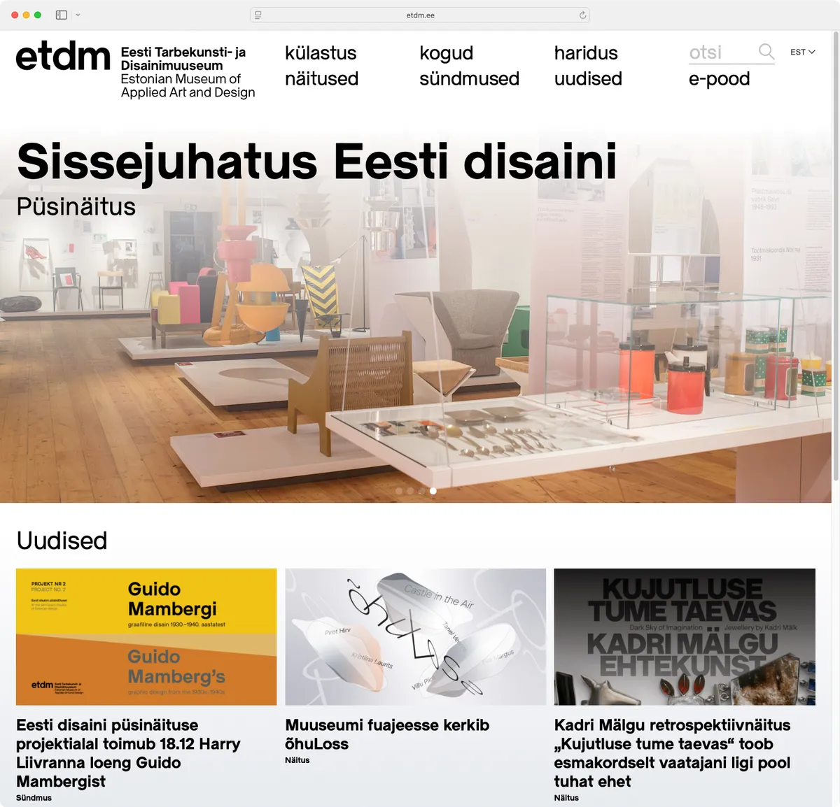 Kuvakaappaus Viron taideteollisuus- ja muotoilumuseon verkkosivustosta