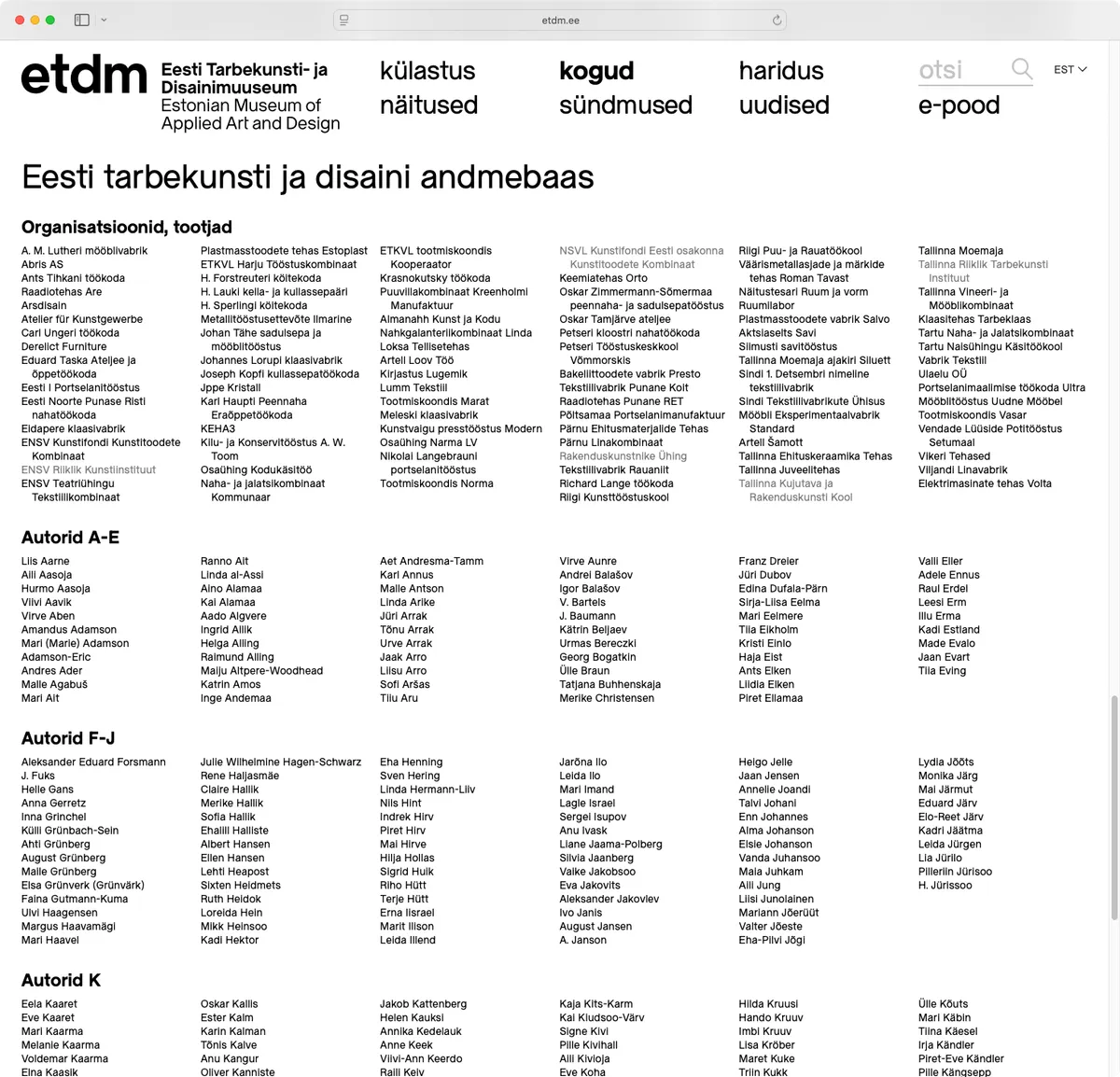 Kuvakaappaus Viron taideteollisuus- ja muotoilumuseon verkkosivustosta