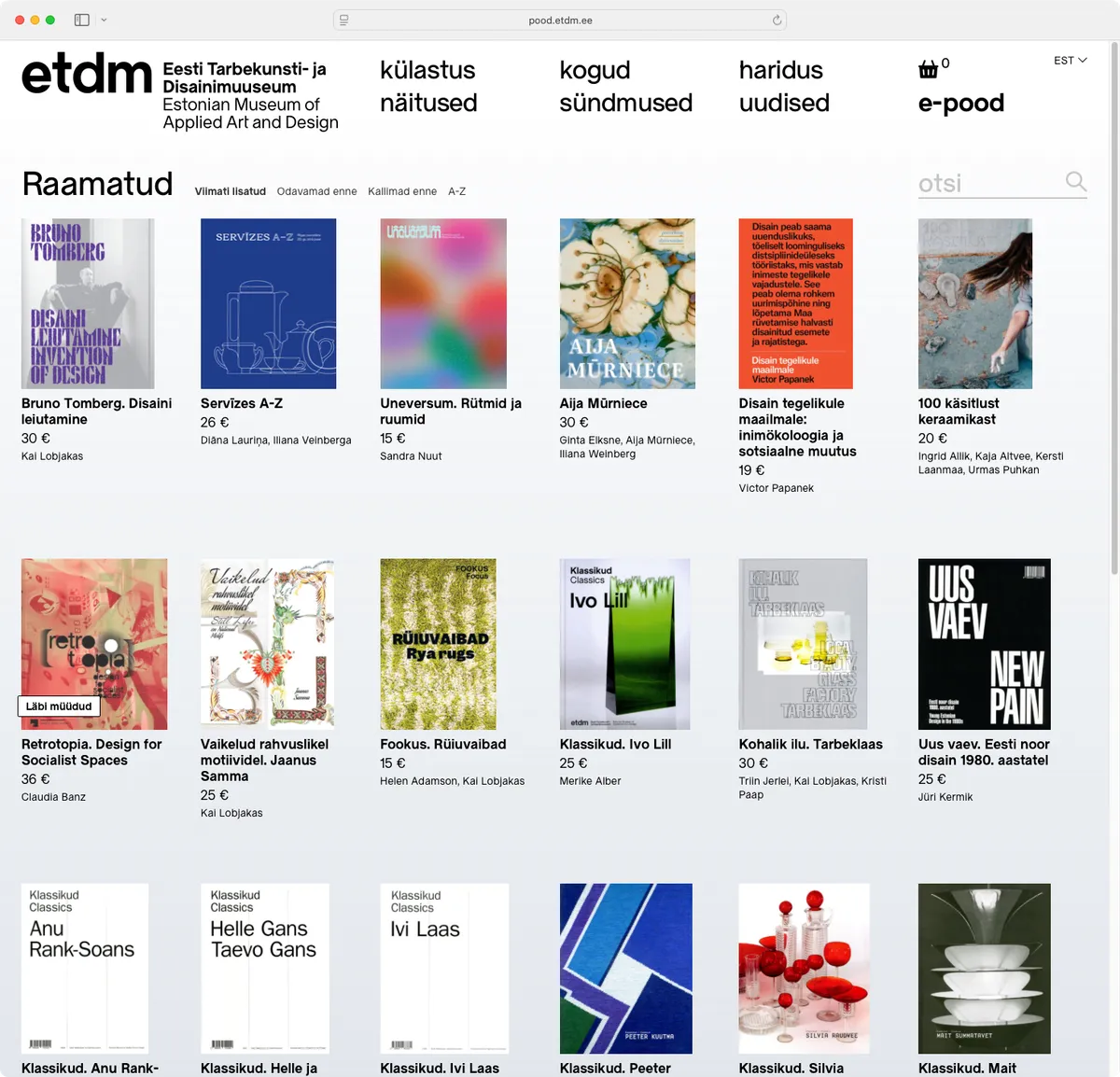 Kuvakaappaus Viron taideteollisuus- ja muotoilumuseon verkkosivustosta